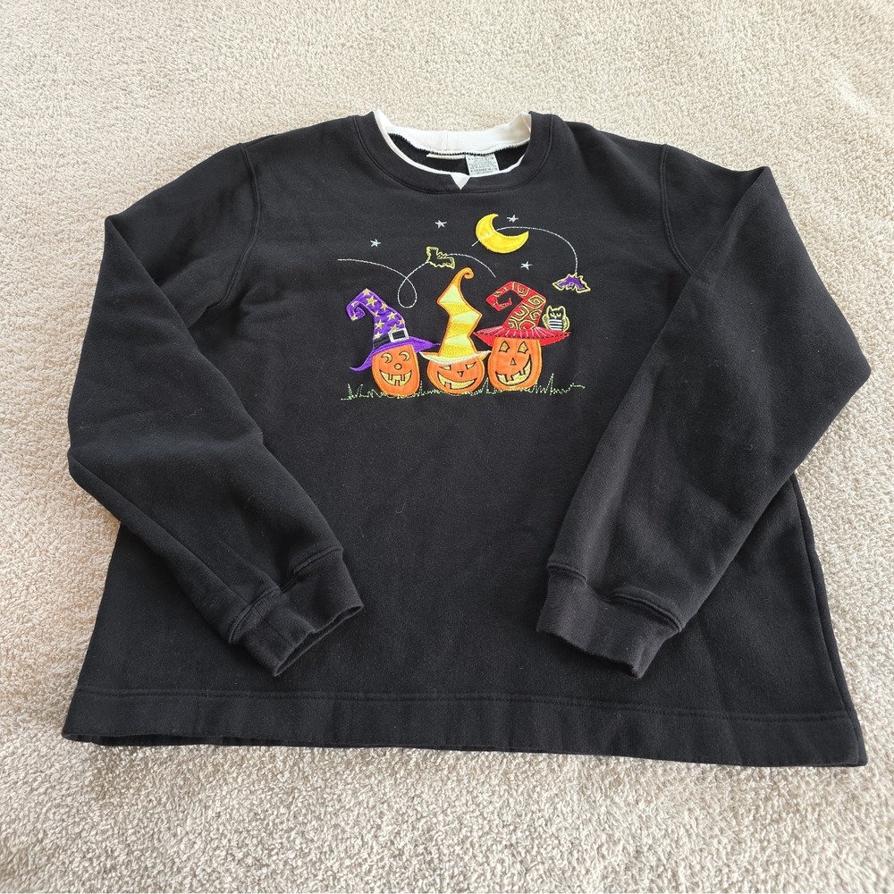 Vtg White Stag Halloween Jack-O-Lantern Witch Hats Bat Moon Sweatshirt Black XL